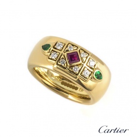 Cartier 18k Yellow Gold Multi Stone Byzantine Ring B&P B4016852